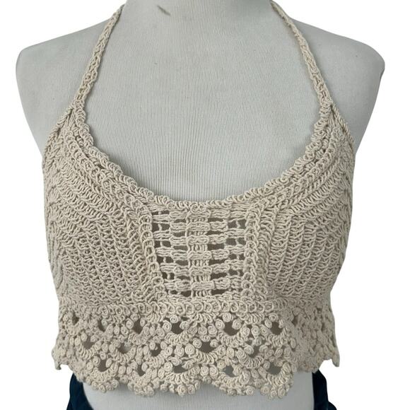 Women Crochet Padded Halter Crop Tank Top Tan Beach Summer Boho Size One Size - Picture 1 of 8